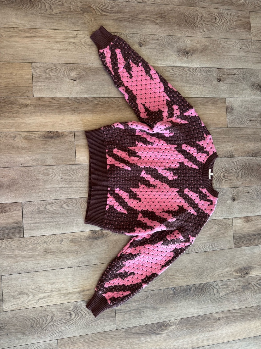 BOHME Women's Pink and Brown Patterned Knit Sweater